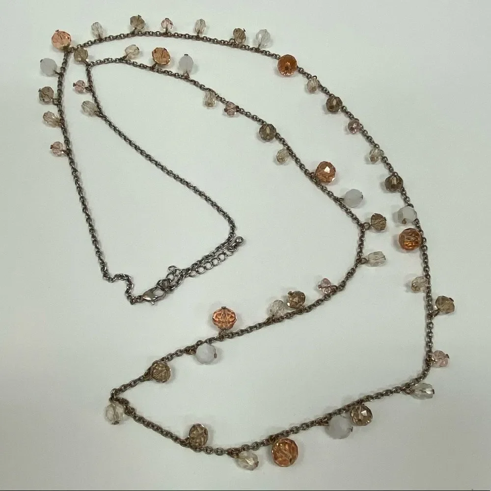 SILVER, taupe and pink crystal beaded necklace‎